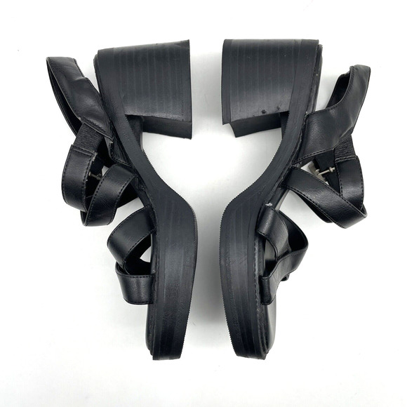 Vintage 90s Y2K Lower East Side Black Faux Leather Strappy Block Heel Sandal 5.5 - Picture 14 of 16